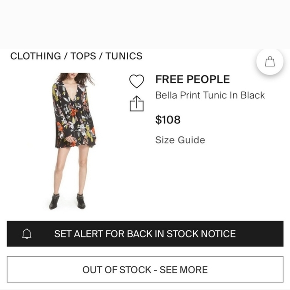 FREE PEOPLE BELLA Floral Black Women's Top TUNIC DRESS SIZE SMALL - Picture 2 of 7